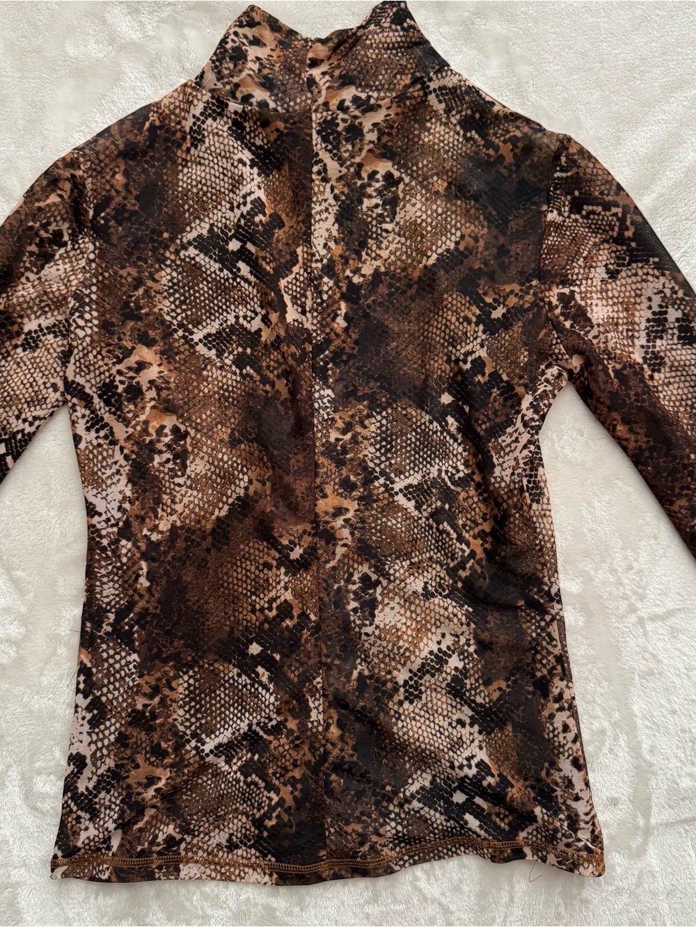 Snake-Print Turtleneck Sheer Top in Brown - Picture 2 of 3